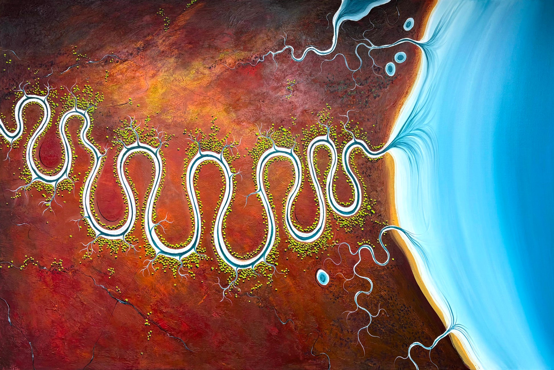 Original, aerial abstract landscape painting; Of Fire, Clay and Time by Australian artist Tania Chanter. Acrylic on canvas, 180x120cm.