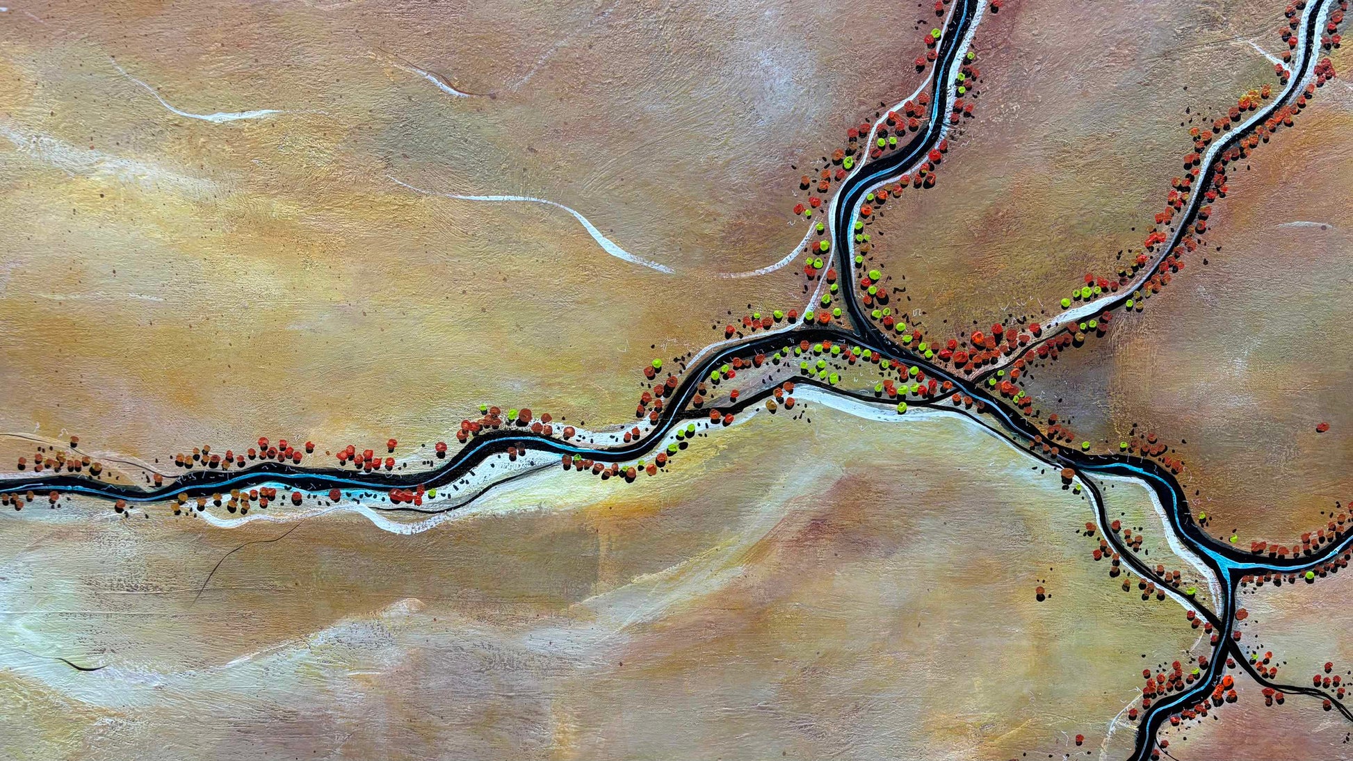 Close up of layers, detail and texture on Paths Cut By Time by Australian artist Tania Chanter. Original, acrylic on canvas, 180x160cm, textured abstract aerial landscape. 