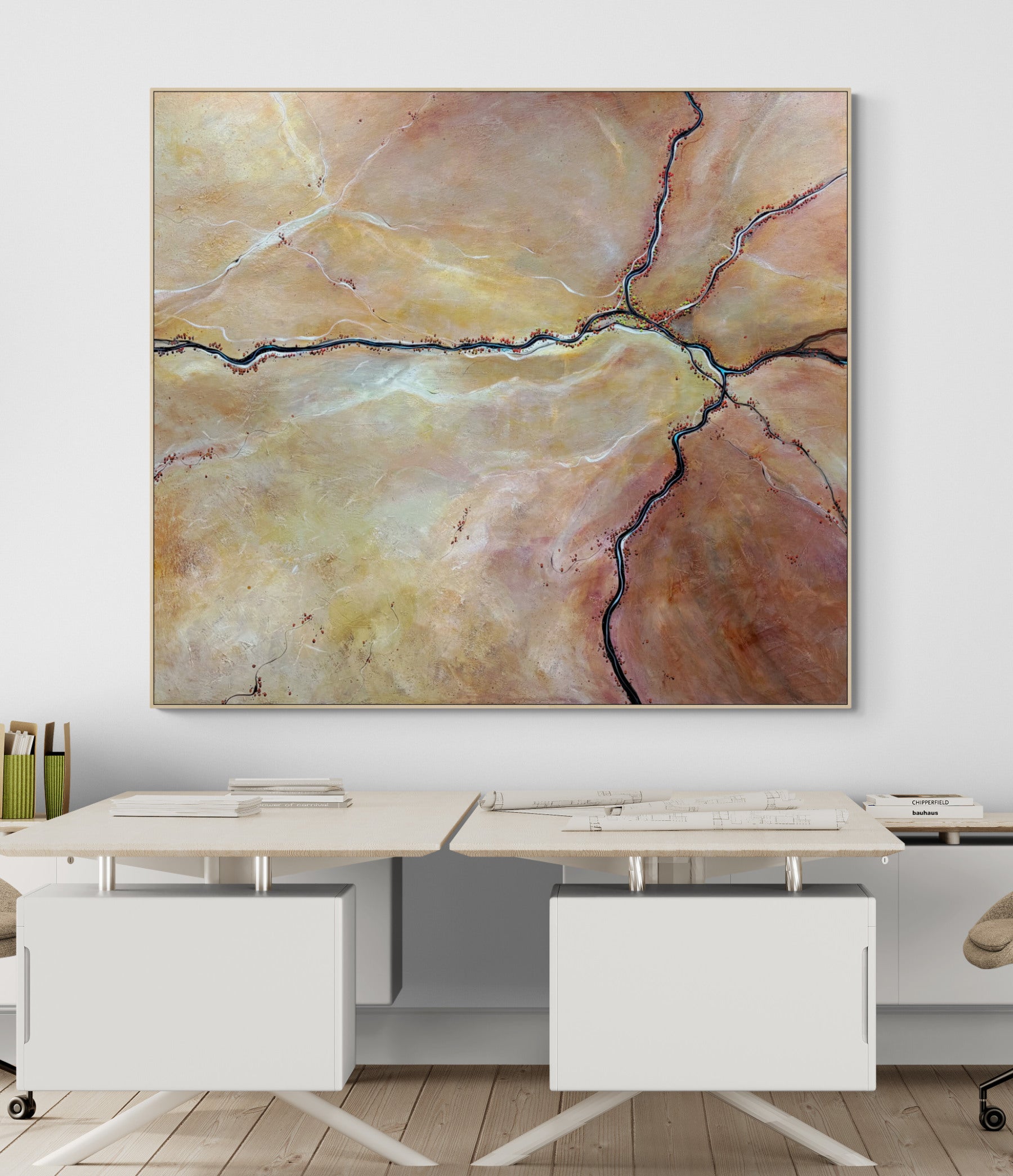 Paths Cut By Time by Australian artist Tania Chanter. Original, acrylic on canvas, 180x160cm, textured abstract aerial landscape. 