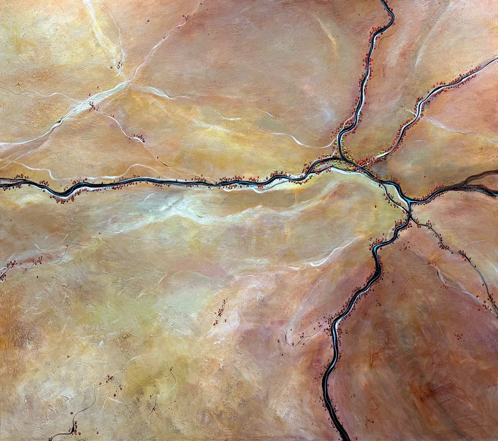 Paths Cut By Time by Australian artist Tania Chanter. Original, acrylic on canvas, 180x160cm, textured abstract aerial landscape. 