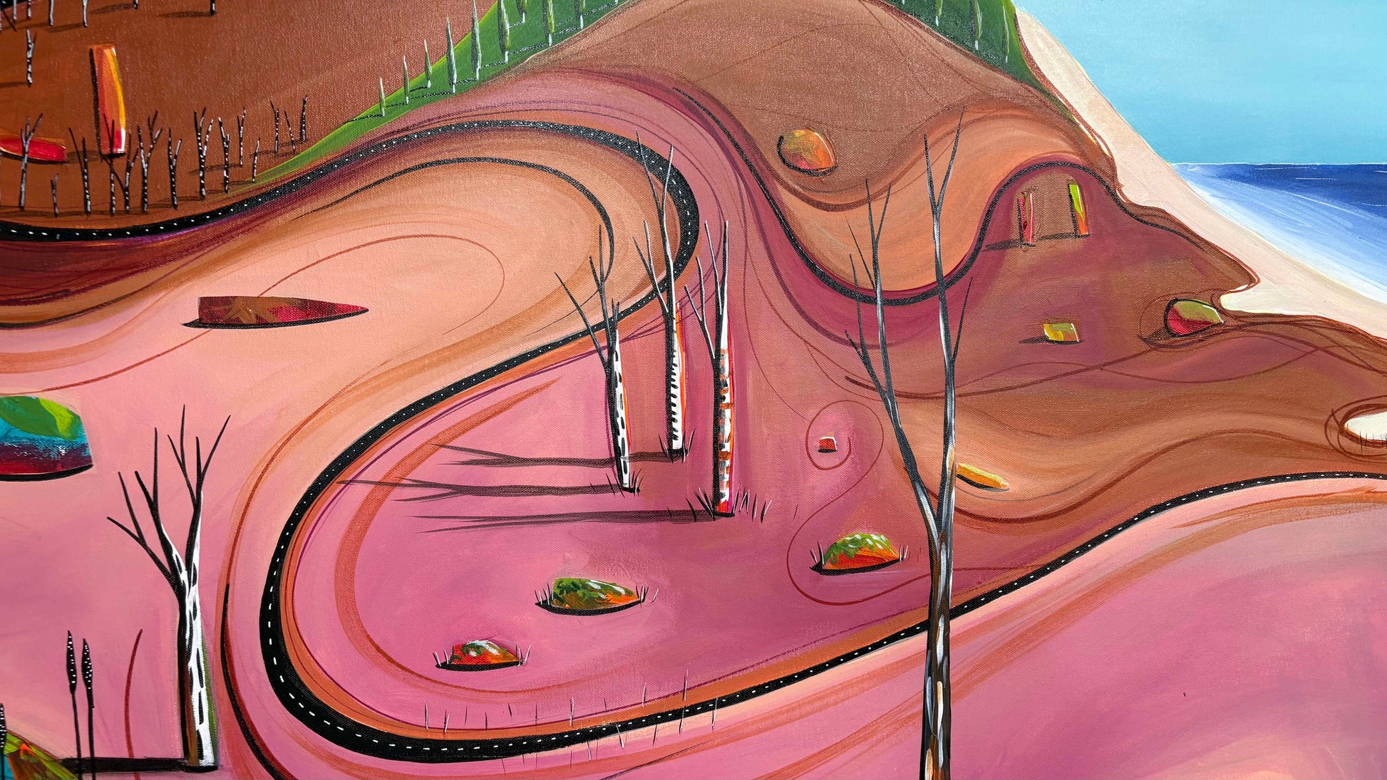 Close up of detail and layers  on Paths Of The Coastline by Tania Chanter, original, acrylic on canvas, 160x80cm.