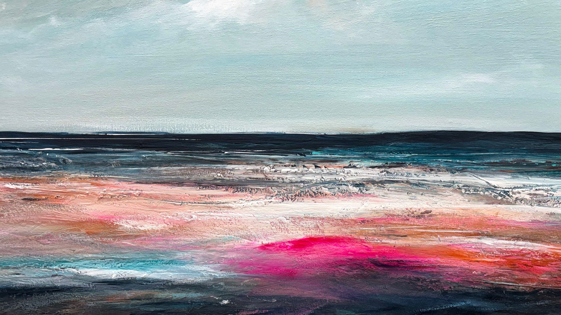 Close up of layers, detail and texture on Quiet Light, Kind Sky, original colourful textured abstract seascape painting, 160x70cm by Australian artist Tania Chanter. Acrylic on canvas.
