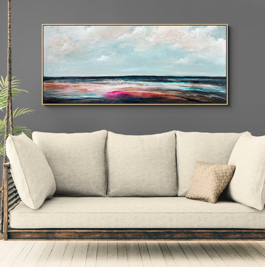 Quiet Light, Kind Sky, original colourful textured abstract seascape painting, 160x70cm by Australian artist Tania Chanter. Acrylic on canvas.
