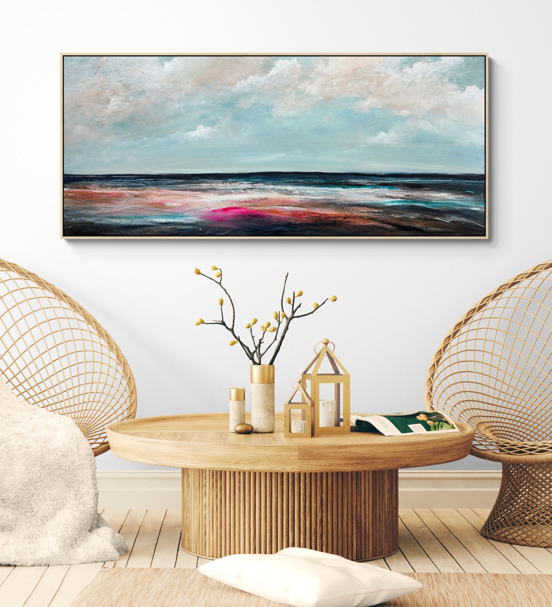 Quiet Light, Kind Sky, original colourful textured abstract seascape painting, 160x70cm by Australian artist Tania Chanter. Acrylic on canvas.
