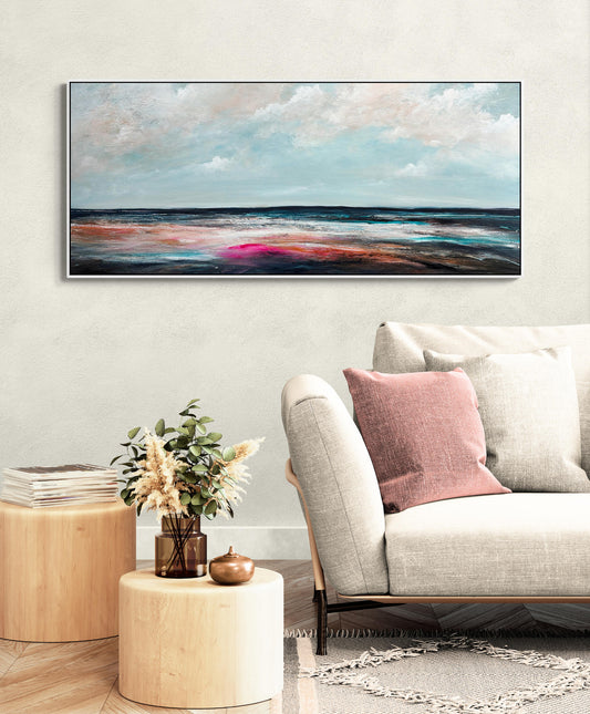 Quiet Light, Kind Sky, original colourful textured abstract seascape painting, 160x70cm by Australian artist Tania Chanter. Acrylic on canvas.
