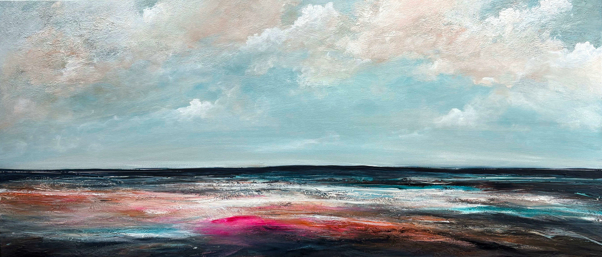 Quiet Light, Kind Sky, original colourful textured abstract seascape painting, 160x70cm by Australian artist Tania Chanter. Acrylic on canvas.
