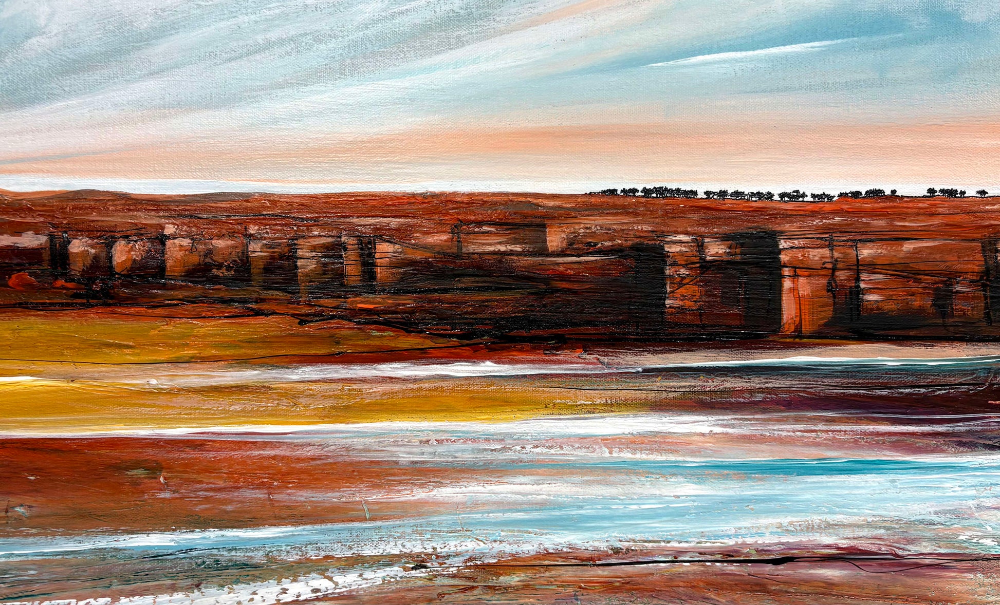 Close up of layers, detail and texture on Quiet Memories by Australian artist Tania Chanter, 50x90cm, acrylic on canvas, original, abstract seascape painting.