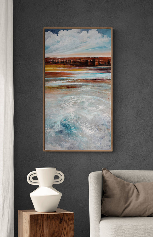 Quiet Memories by Australian artist Tania Chanter, 50x90cm, acrylic on canvas, original, abstract seascape painting.