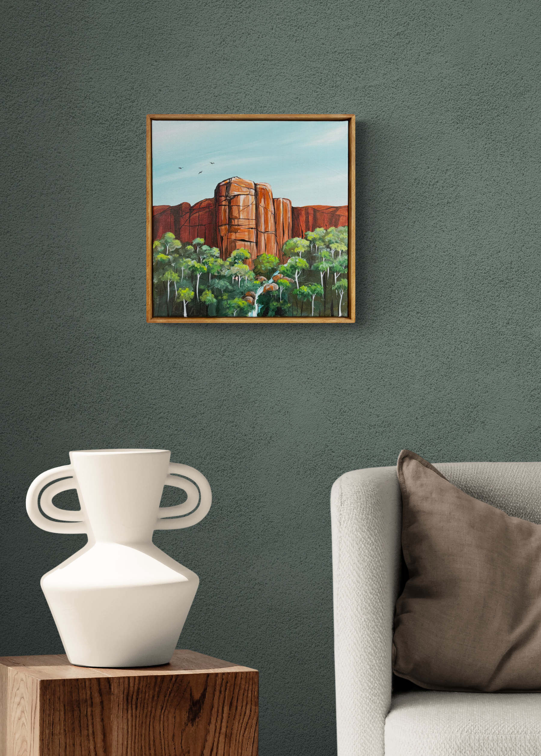 Red Rock Sanctuary is an abstract landscape by Australian artist Tania Chanter, 32x32cm, acrylic on canvas.