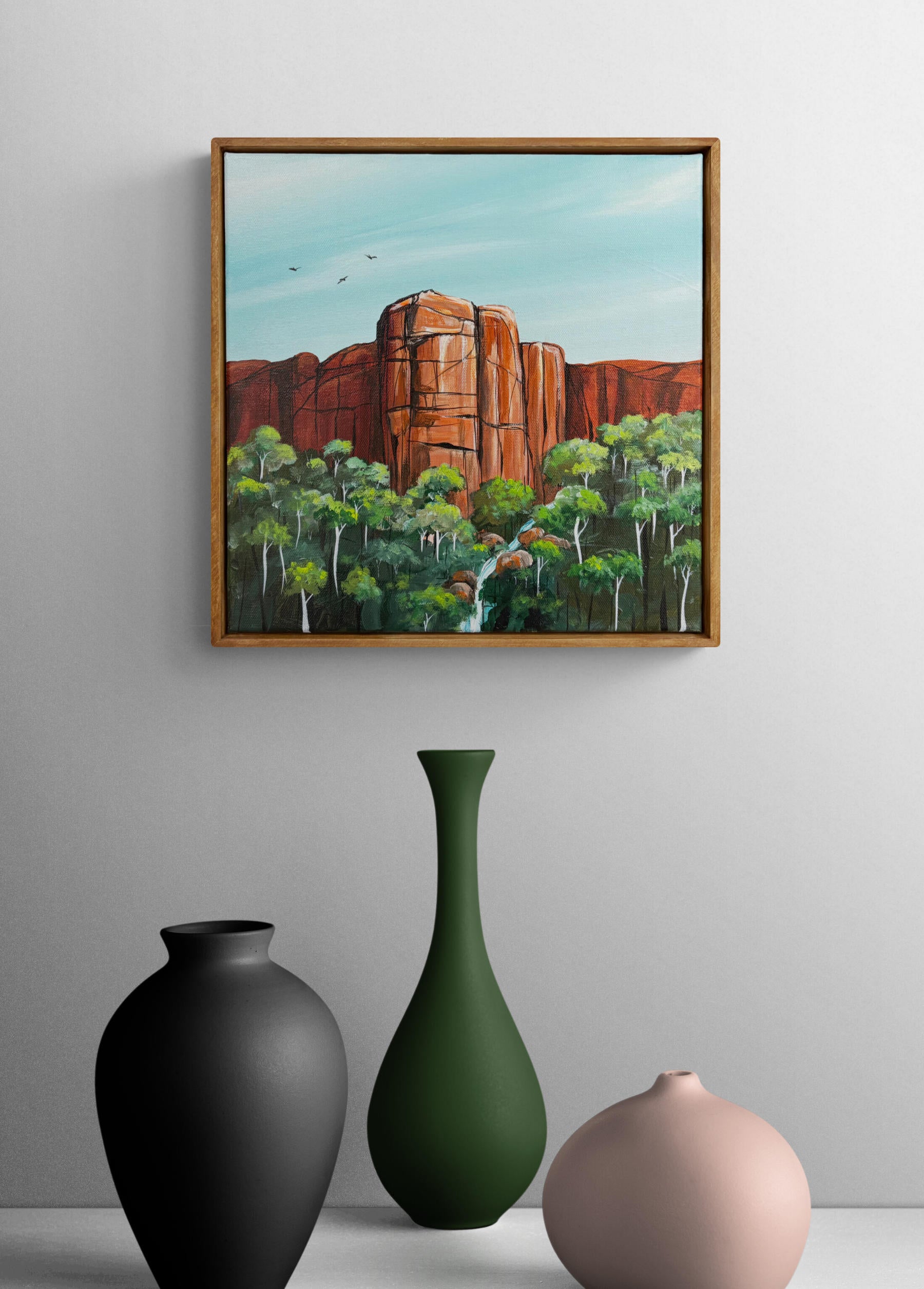 Red Rock Sanctuary is an abstract landscape by Australian artist Tania Chanter, 32x32cm, acrylic on canvas.