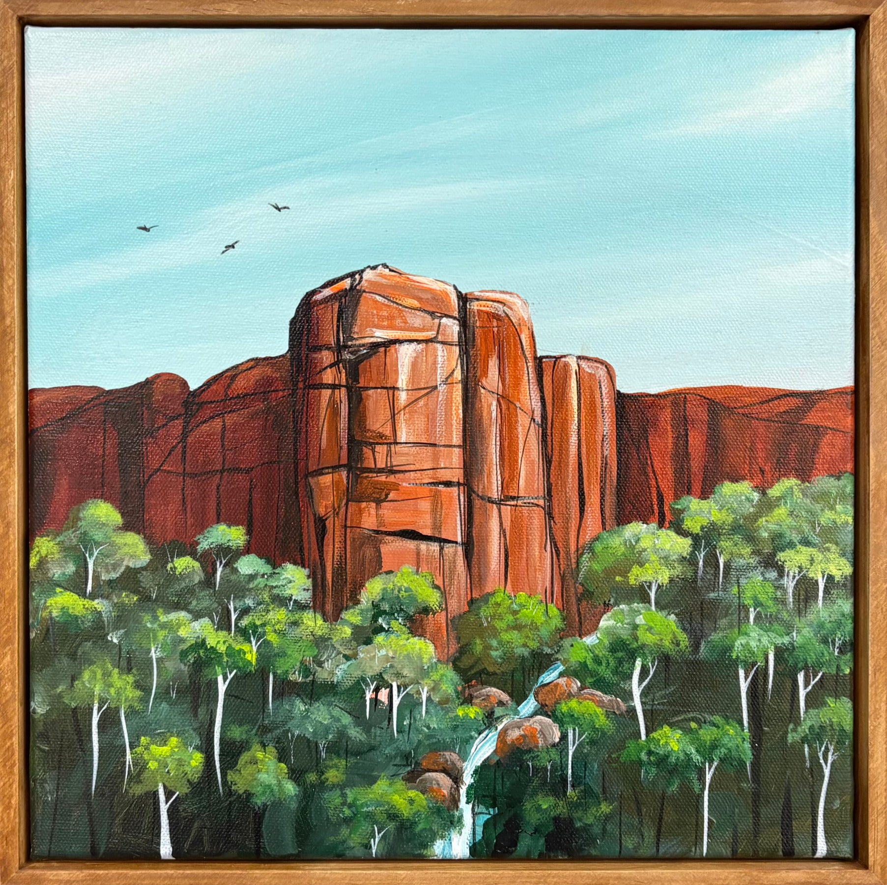 Red Rock Sanctuary is an abstract landscape by Australian artist Tania Chanter, 32x32cm, acrylic on canvas.