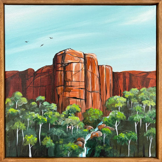 Red Rock Sanctuary is an abstract landscape by Australian artist Tania Chanter, 32x32cm, acrylic on canvas.