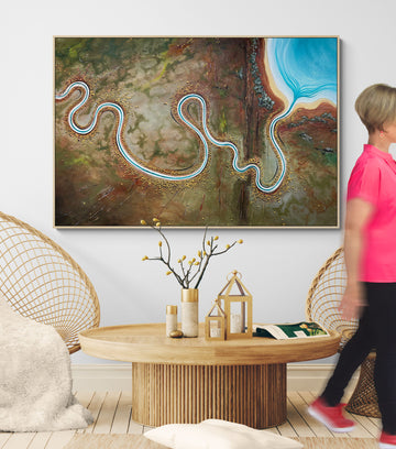 Ridges Of The Turning River by Australian artist Tania Chanter, 150x100cm, acrylic on canvas, abstract textured aerial landscape. 