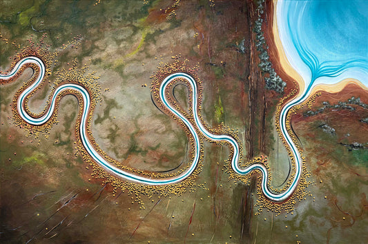 Close up of layers, detail and texture on Ridges Of The Turning River by Australian artist Tania Chanter, 150x100cm, acrylic on canvas, abstract textured aerial landscape. 
