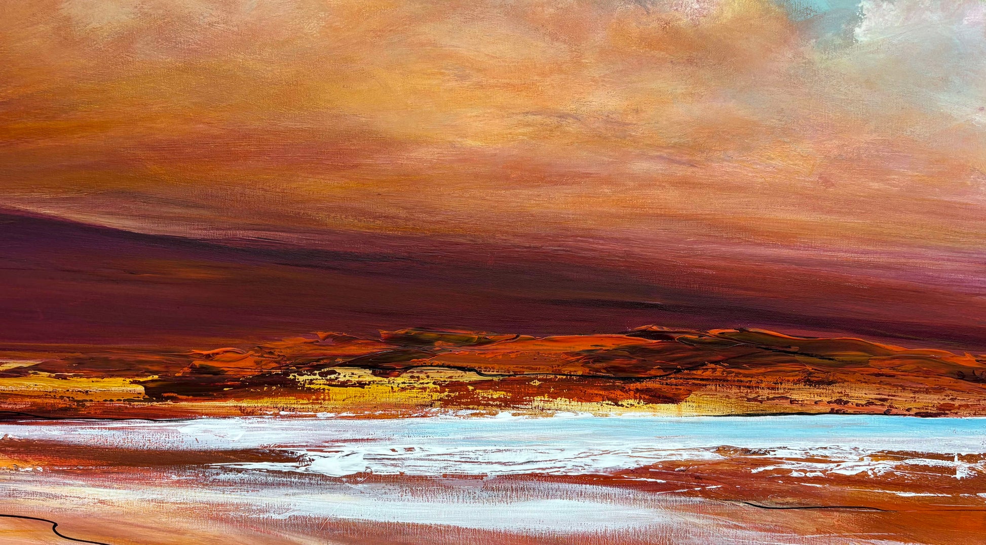 Close up of layers, detail and texture on Salt Lake Sunset by Australian artist Tania Chanter, 160x70cm, acrylic on canvas, moody, textured, abstract seascape painting.