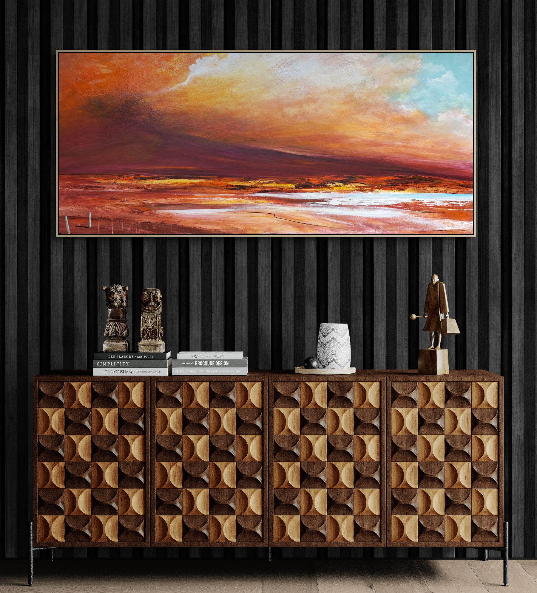 Salt Lake Sunset by Australian artist Tania Chanter, 160x70cm, acrylic on canvas, moody, textured, abstract seascape painting.