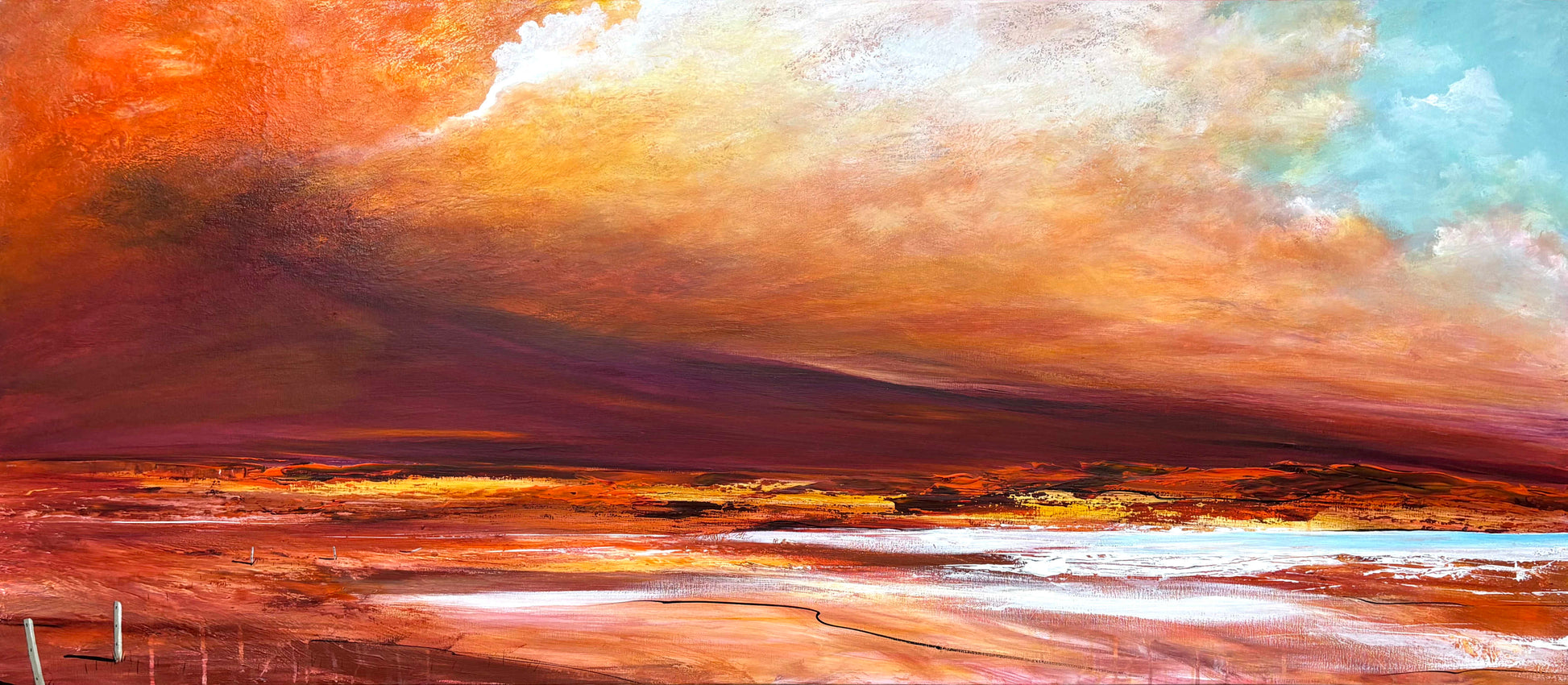 Salt Lake Sunset by Australian artist Tania Chanter, 160x70cm, acrylic on canvas, moody, textured, abstract seascape painting.