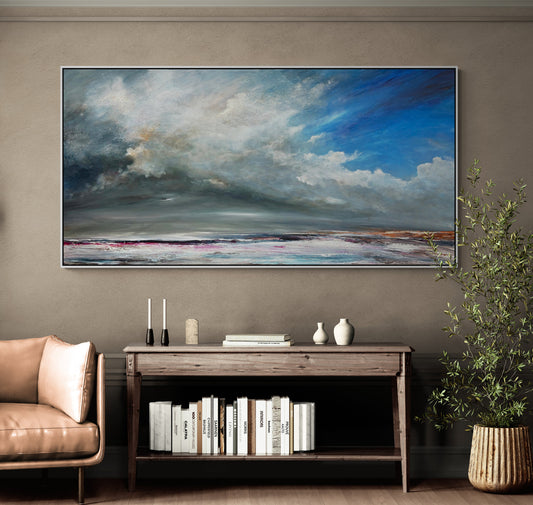 Shifting Tides of Light is an original acrylic on canvas abstract seascape by Tania Chanter, 180x90cm.