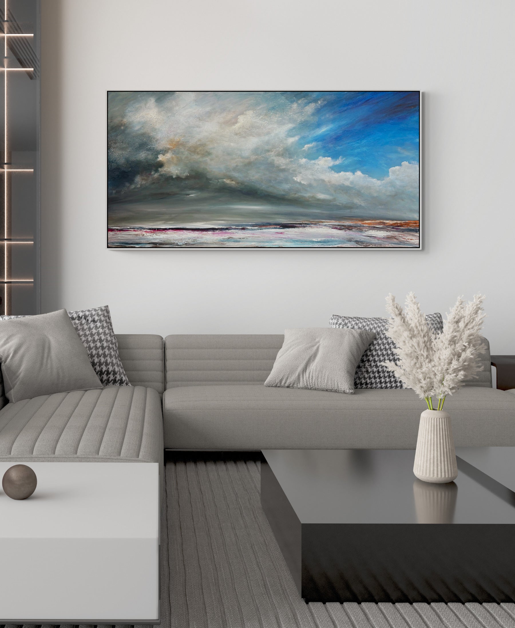 Shifting Tides of Light is an original acrylic on canvas abstract seascape by Tania Chanter, 180x90cm.
