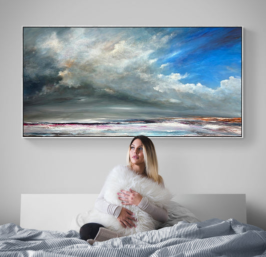Shifting Tides of Light is an original acrylic on canvas abstract seascape by Tania Chanter, 180x90cm.