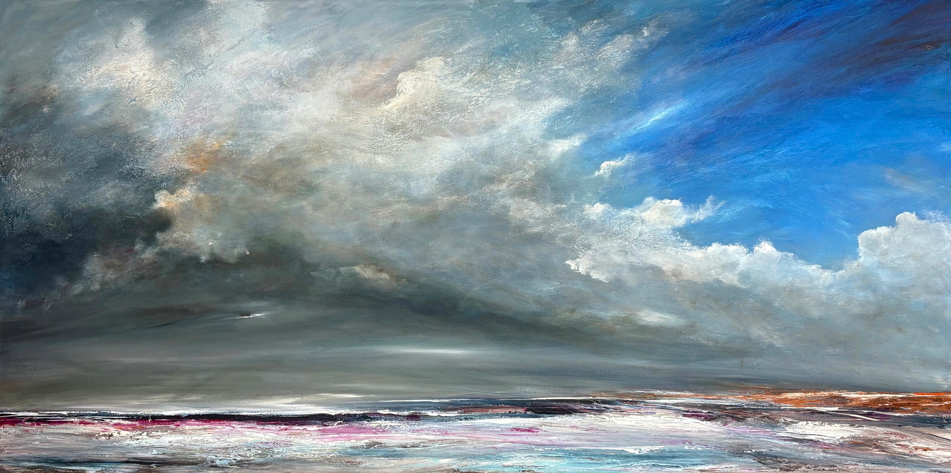 Shifting Tides of Light is an original acrylic on canvas abstract seascape by Tania Chanter, 180x90cm.