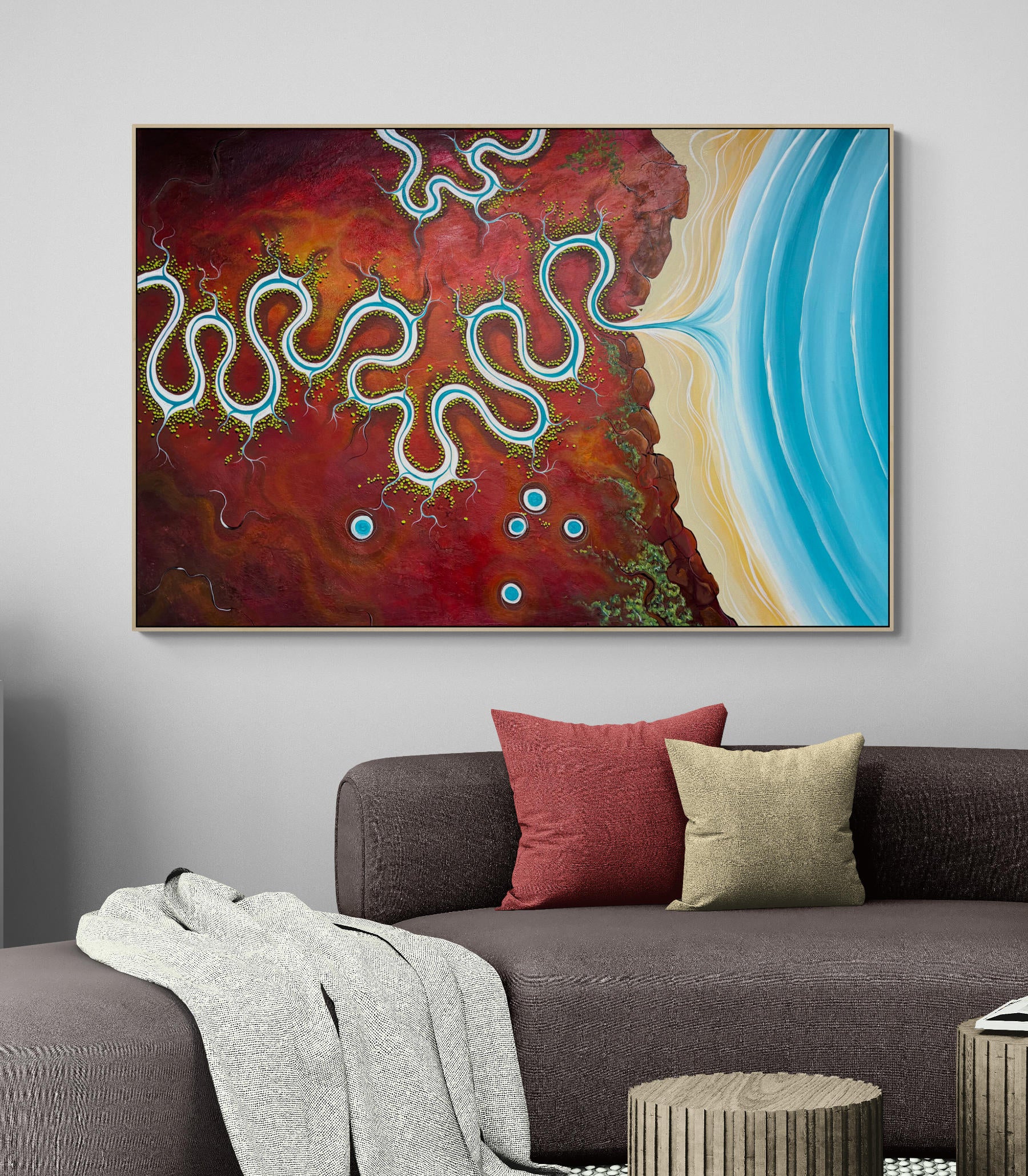 Colourful textured aerial abstract landscape Silence Surrenders To Water by Tania Chanter, 180x120cm, acrylic on canvas.