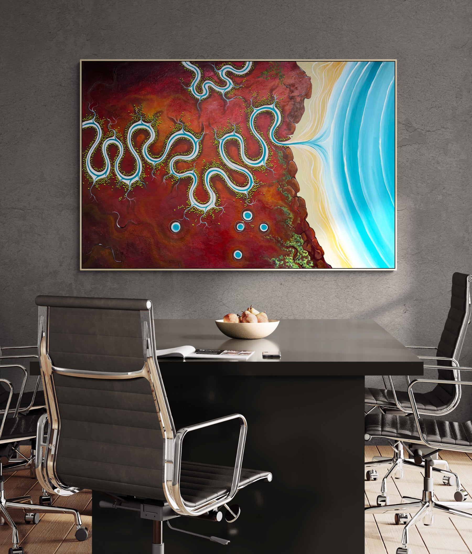 Colourful textured aerial abstract landscape Silence Surrenders To Water by Tania Chanter, 180x120cm, acrylic on canvas.