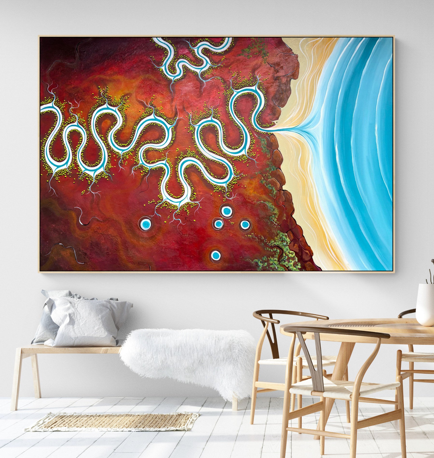 Colourful textured aerial abstract landscape Silence Surrenders To Water by Tania Chanter, 180x120cm, acrylic on canvas.