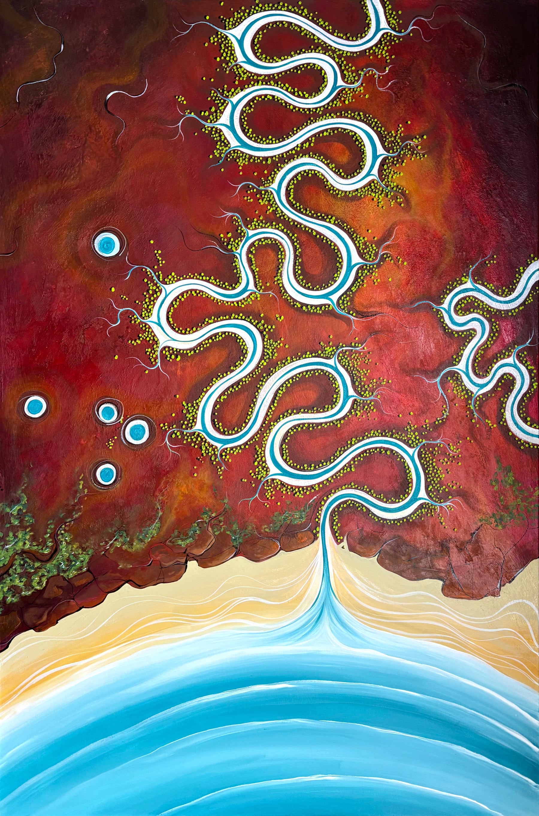 Colourful textured aerial abstract landscape Silence Surrenders To Water by Tania Chanter, 180x120cm, acrylic on canvas.