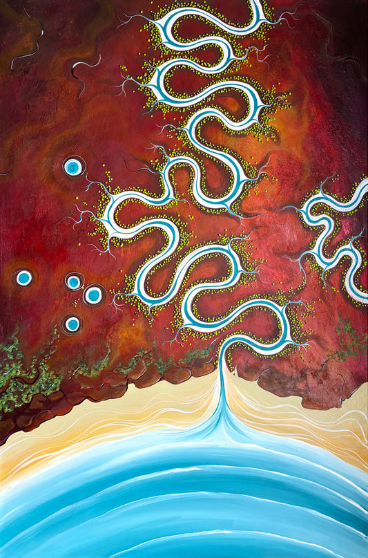 Colourful textured aerial abstract landscape Silence Surrenders To Water by Tania Chanter, 180x120cm, acrylic on canvas.