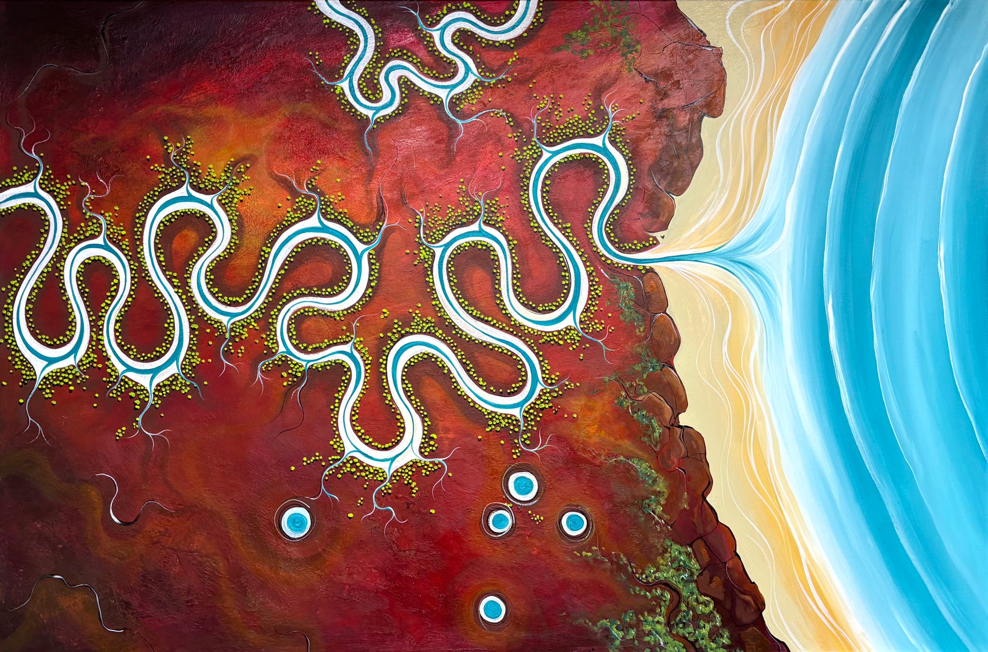 Close up of layers, detail and texture on Colourful textured aerial abstract landscape Silence Surrenders To Water by Tania Chanter, 180x120cm, acrylic on canvas.