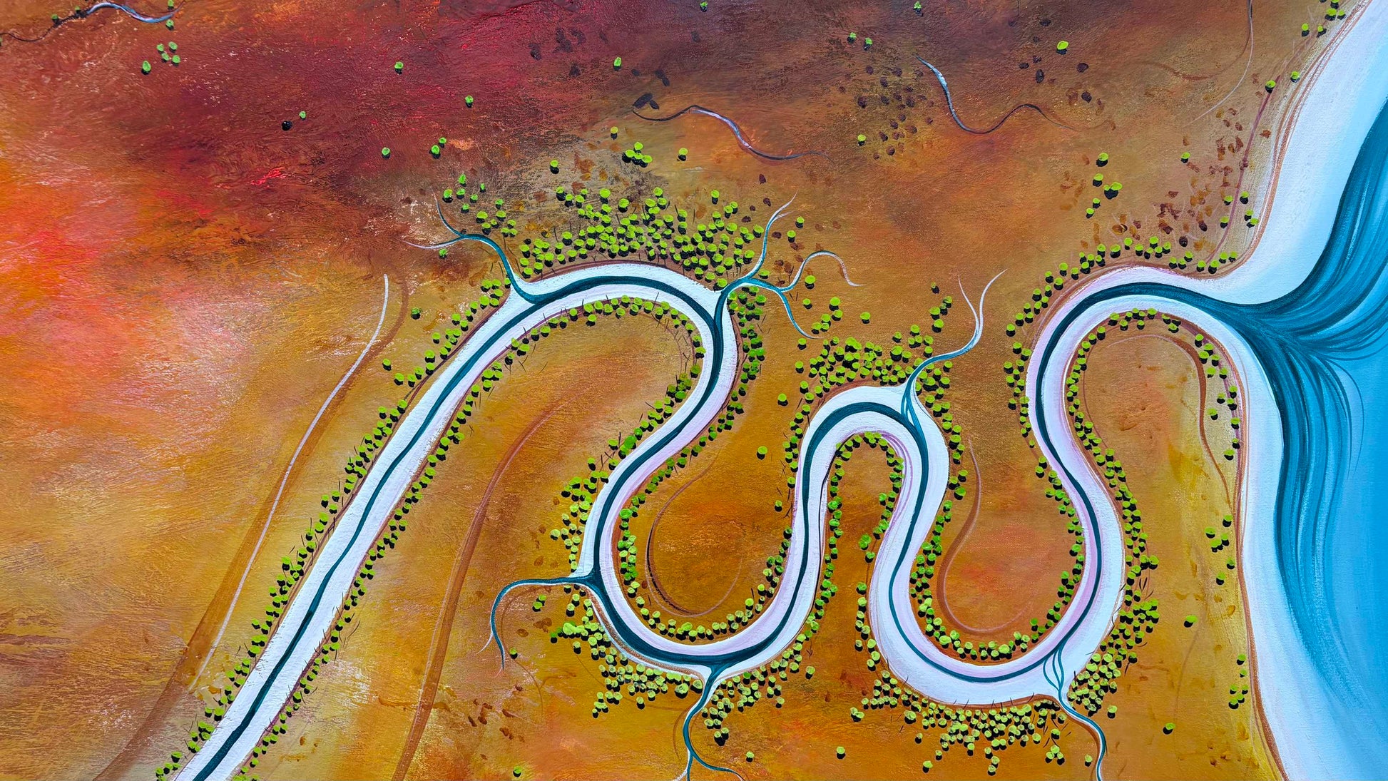 Close up of layers, detail and texture on Sunshine and Memories by Australian artist Tania Chanter, acrylic on canvas, 180x100cm, textured aerial abstract landscape.