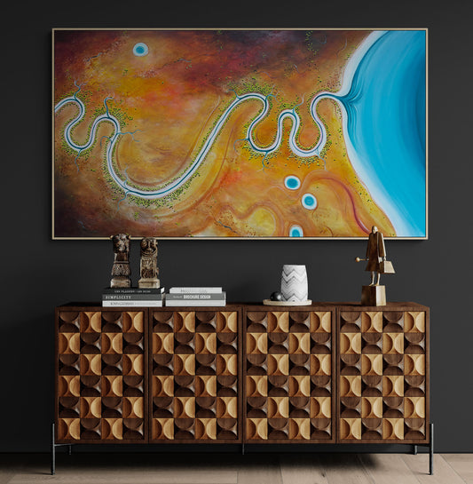 Sunshine and Memories by Australian artist Tania Chanter, acrylic on canvas, 180x100cm, textured aerial abstract landscape.