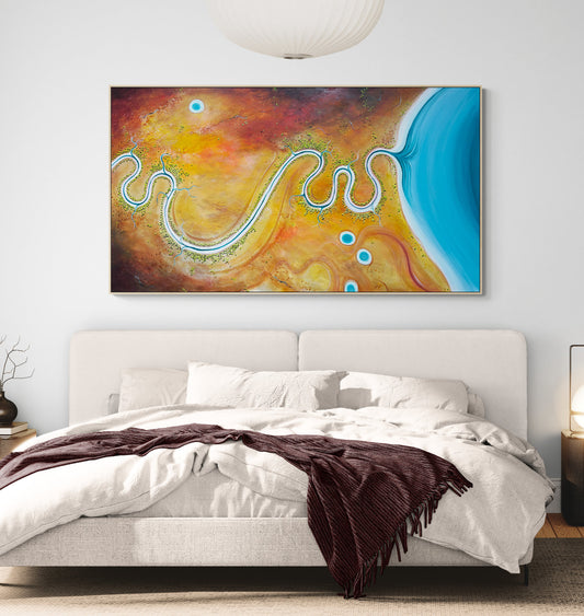Sunshine and Memories by Australian artist Tania Chanter, acrylic on canvas, 180x100cm, textured aerial abstract landscape.
