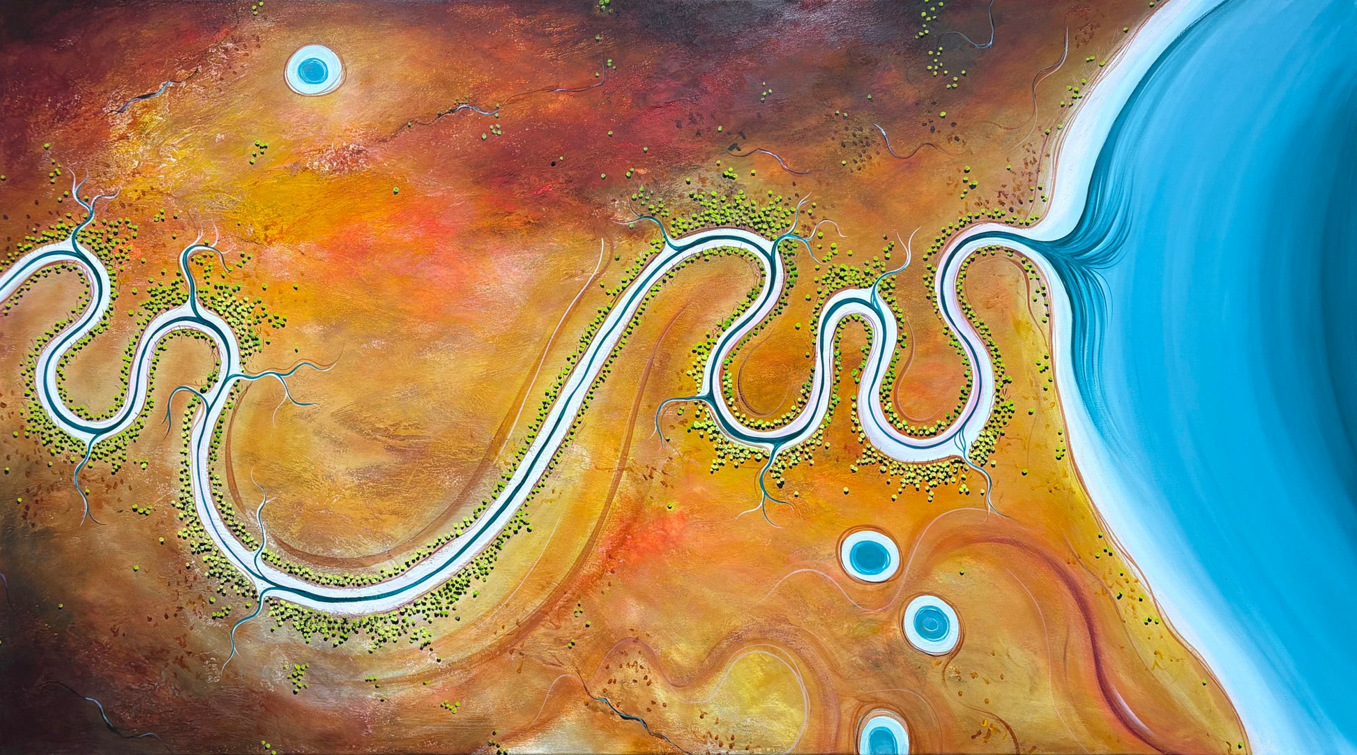 Sunshine and Memories by Australian artist Tania Chanter, acrylic on canvas, 180x100cm, textured aerial abstract landscape.