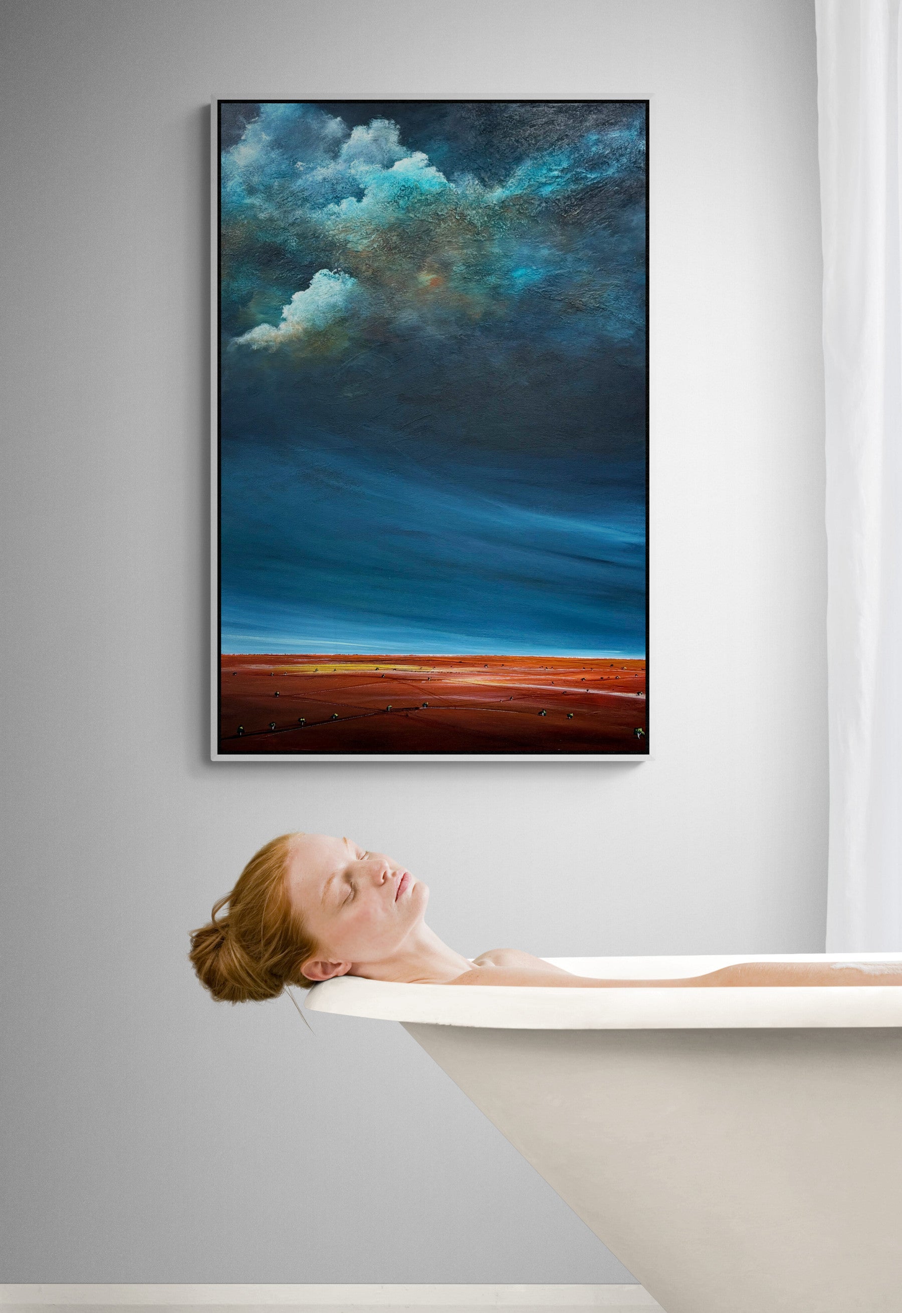 Sunrise Before the Storm by Tania Chanter, is an original moody abstract cloudscape 61x91cm, acrylic on canvas.