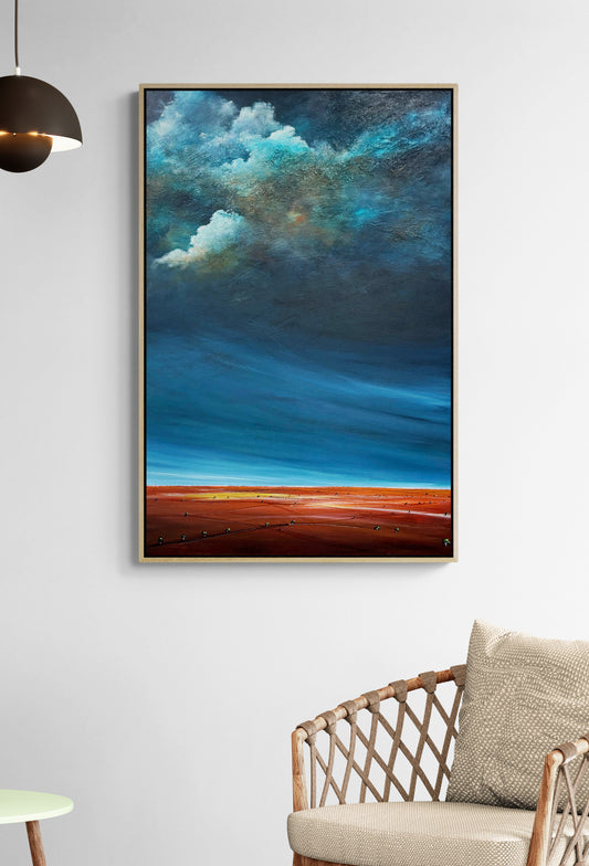 Sunrise Before the Storm by Tania Chanter, is an original moody abstract cloudscape 61x91cm, acrylic on canvas.
