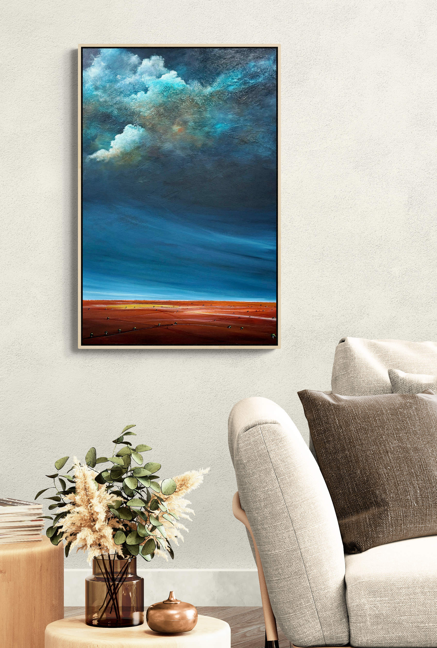 Sunrise Before the Storm by Tania Chanter, is an original moody abstract cloudscape 61x91cm, acrylic on canvas.