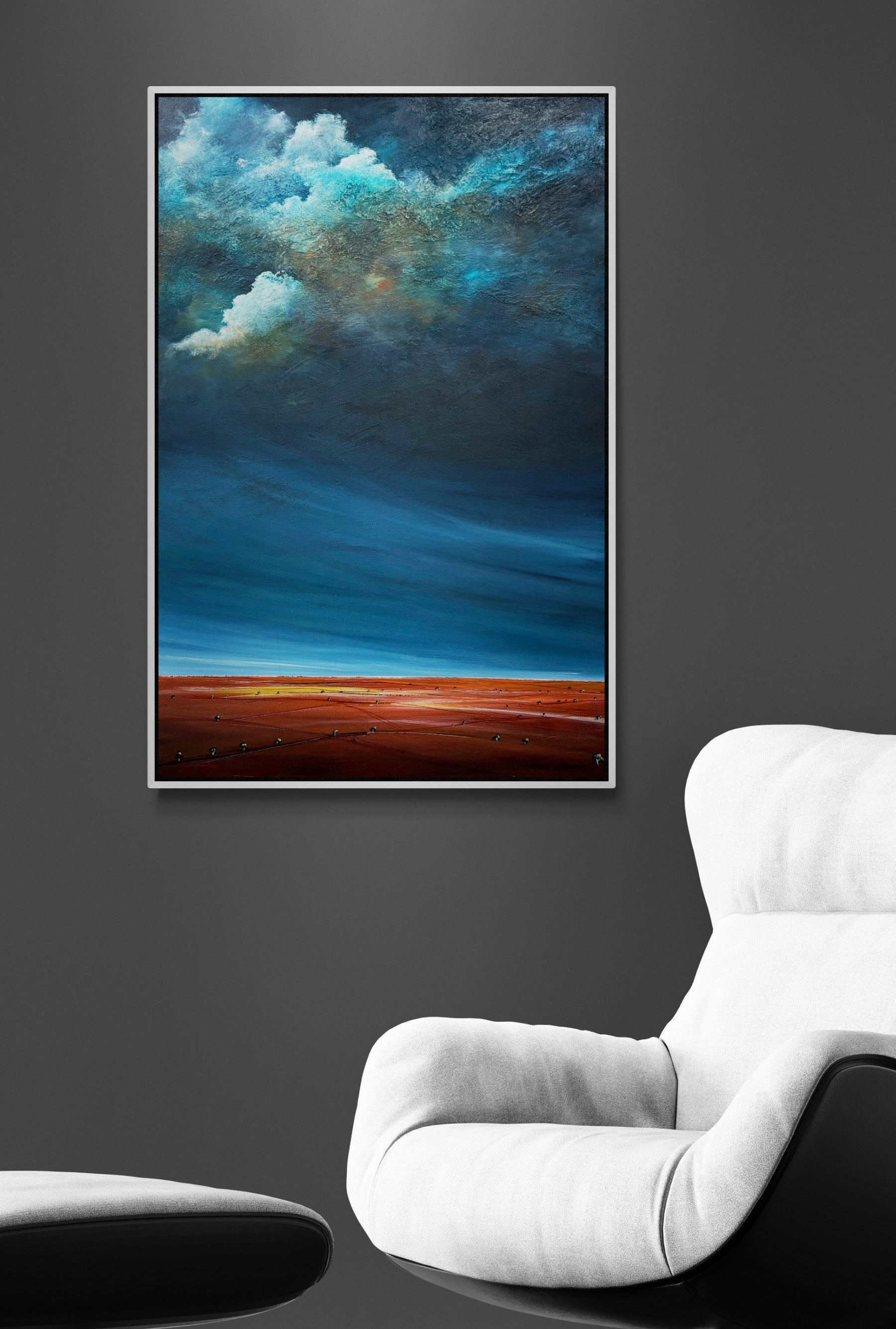 Sunrise Before the Storm by Tania Chanter, is an original moody abstract cloudscape 61x91cm, acrylic on canvas.