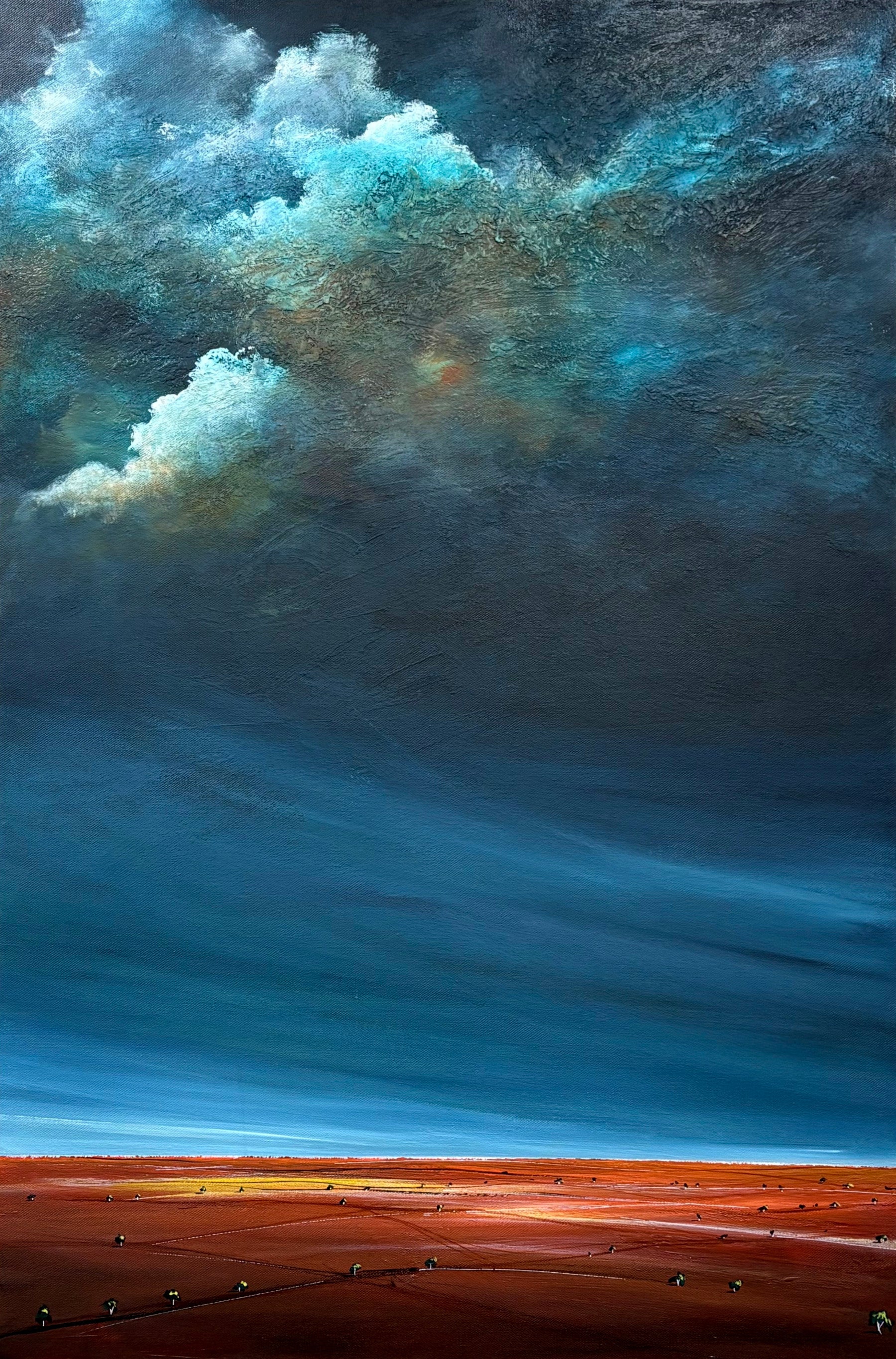 Sunrise Before the Storm by Tania Chanter, is an original moody abstract cloudscape 61x91cm, acrylic on canvas.