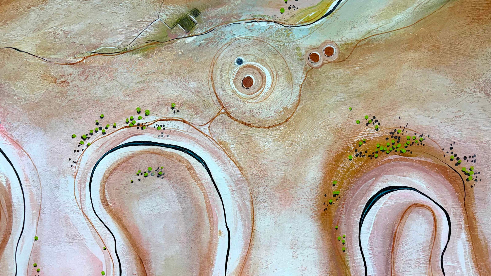 Close up of layers, detail and texture on Tapestry Of Earth, modern contemporary aerial landscape by Tania Chanter, 160x70cm, acrylic on canvas., ready to hang.