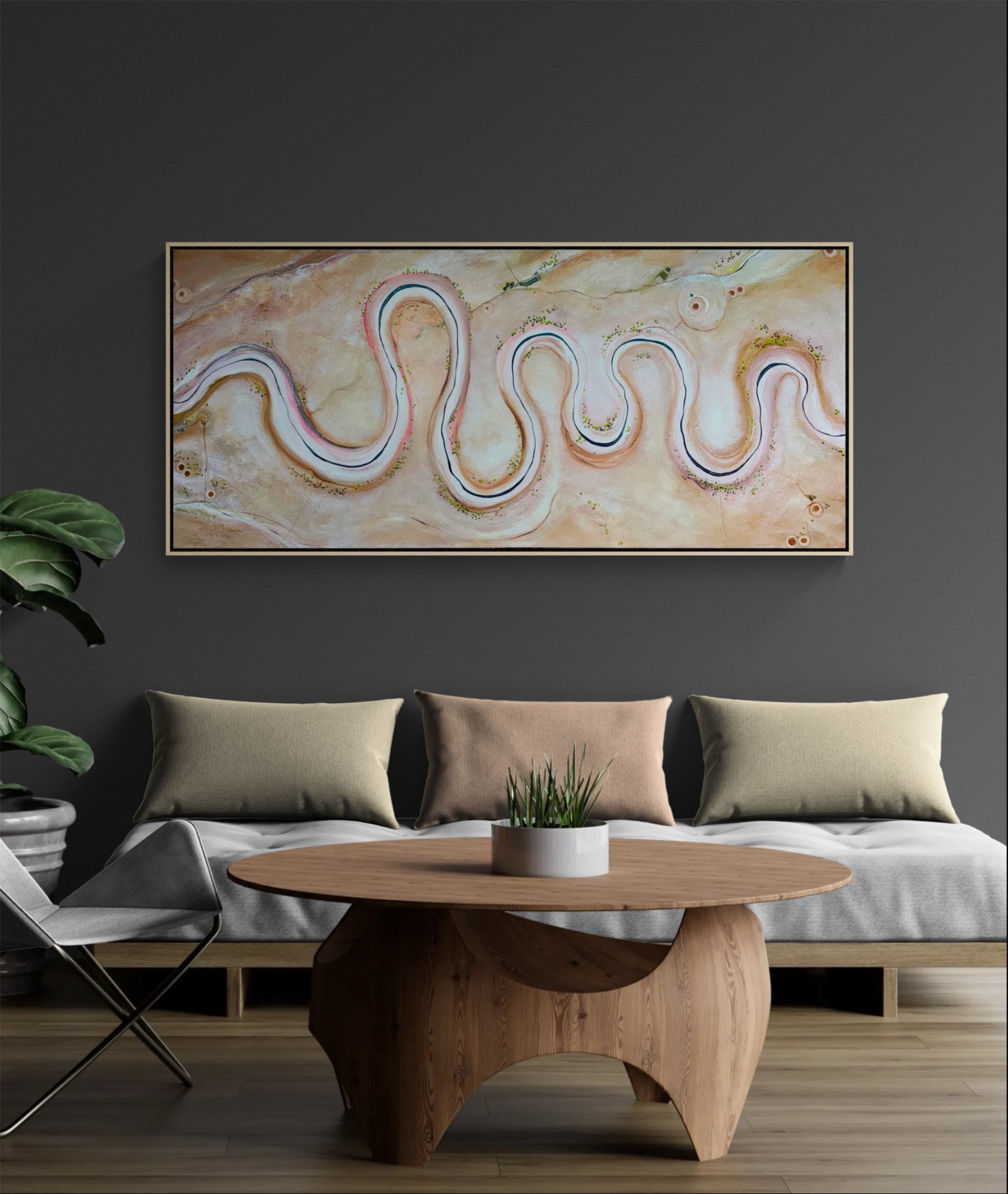 Tapestry Of Earth, modern contemporary aerial landscape by Tania Chanter, 160x70cm, acrylic on canvas., ready to hang.