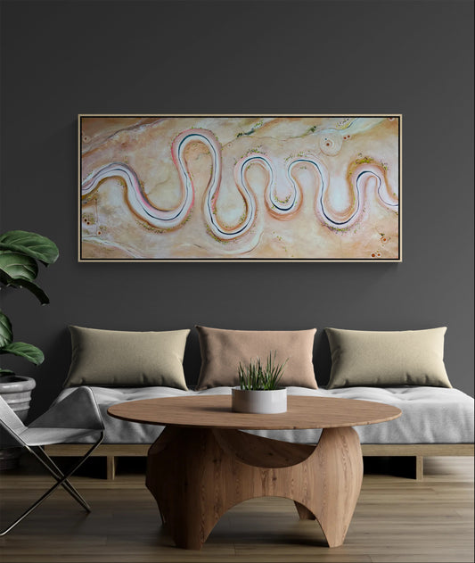 Tapestry Of Earth, modern contemporary aerial landscape by Tania Chanter, 160x70cm, acrylic on canvas., ready to hang.