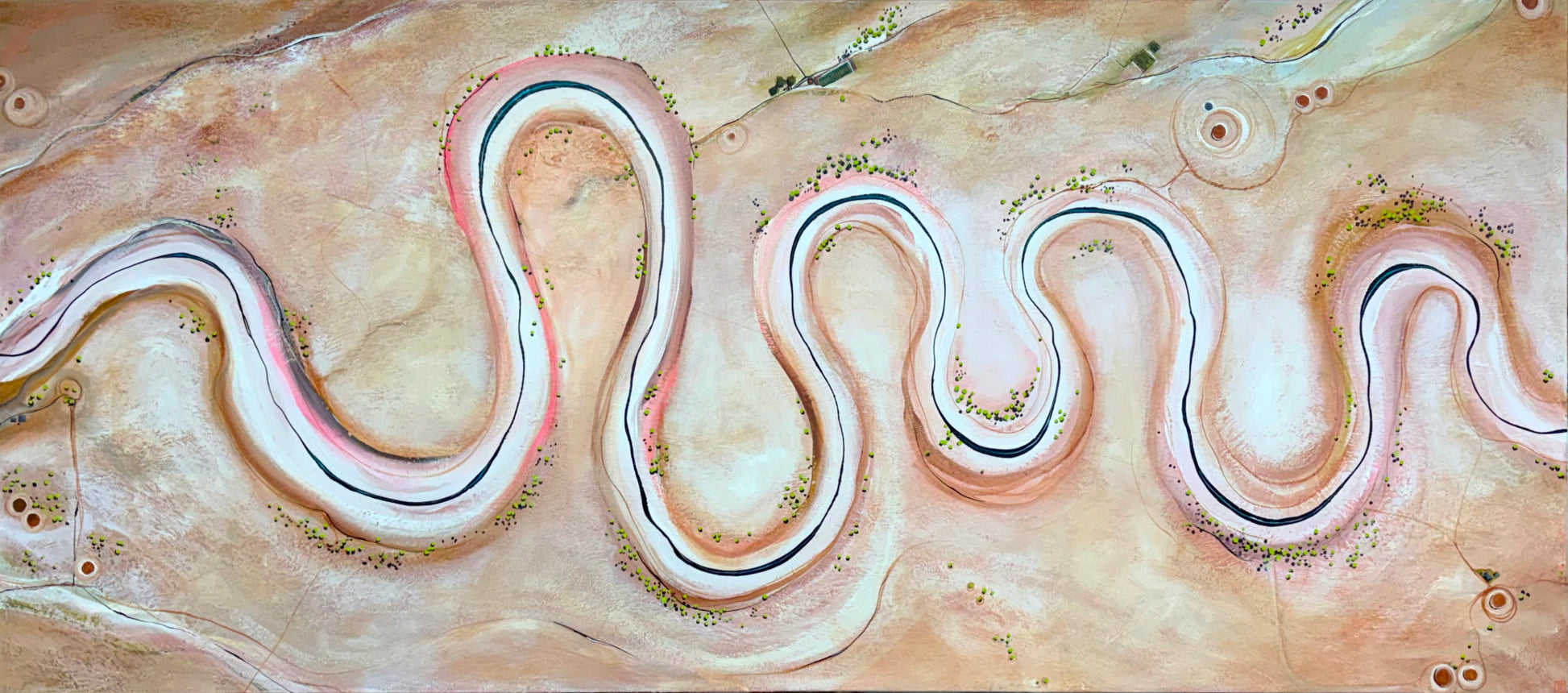 Tapestry Of Earth, modern contemporary aerial landscape by Tania Chanter, 160x70cm, acrylic on canvas., ready to hang.