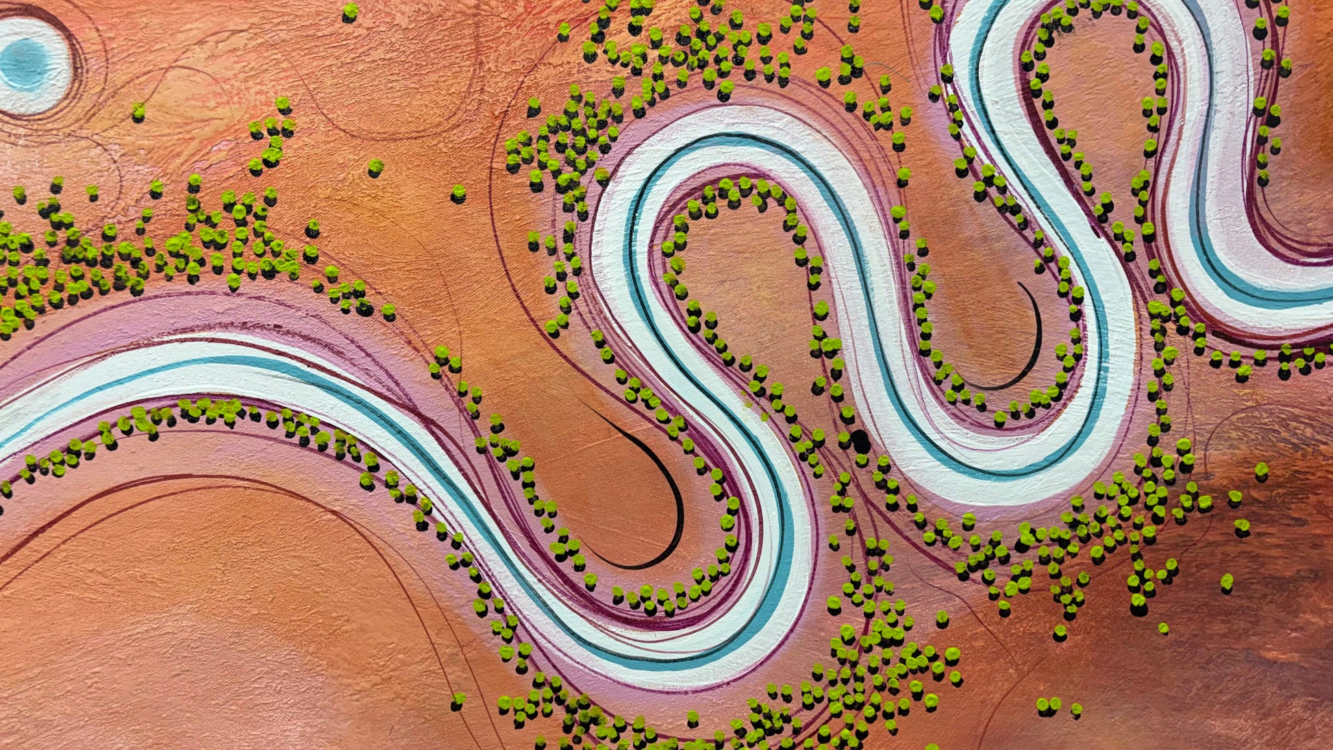 Close up of The Colour Of Belonging, original, by Australian artist Tania Chanter, textured, abstract aerial landscape, 160x70cm.