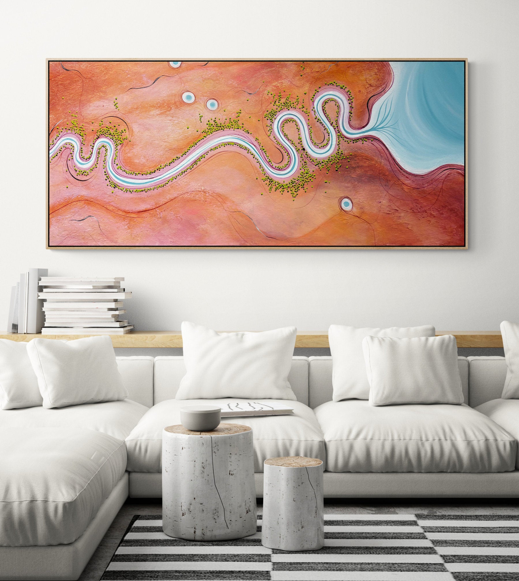 The Colour Of Belonging, original, by Australian artist Tania Chanter, textured, abstract aerial landscape, 160x70cm.