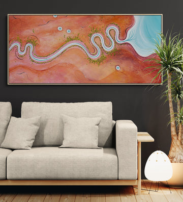 The Colour Of Belonging, original, by Australian artist Tania Chanter, textured, abstract aerial landscape, 160x70cm.