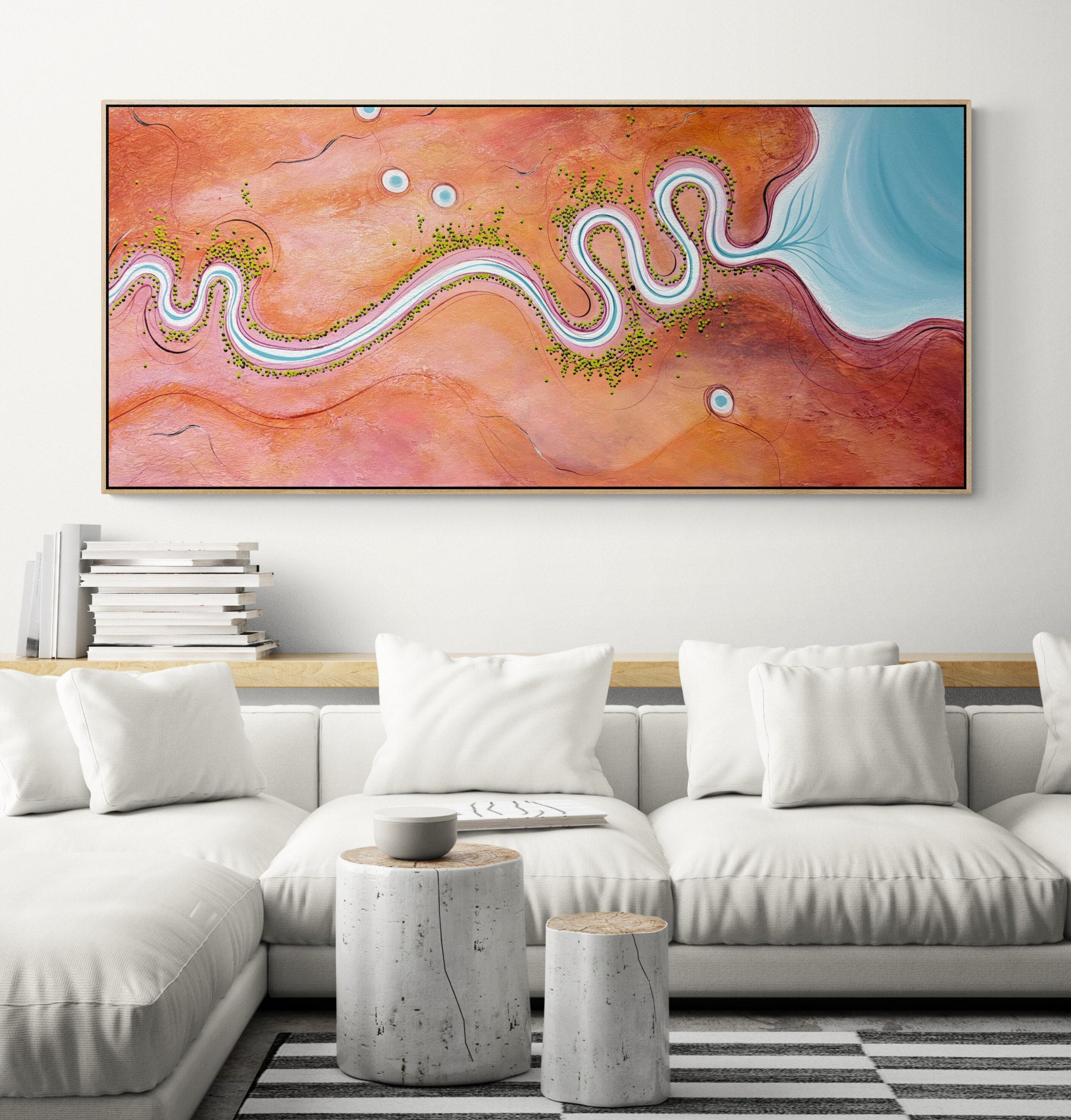 The Colour Of Belonging, original, by Australian artist Tania Chanter, textured, abstract aerial landscape, 160x70cm.