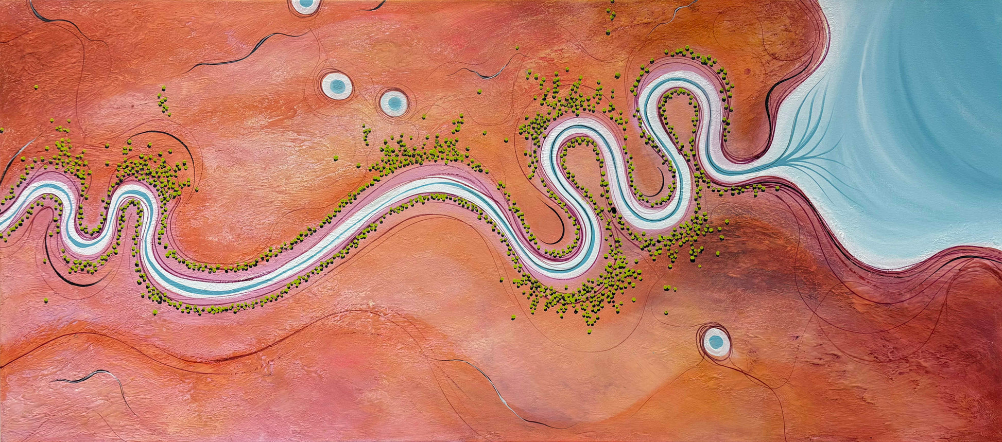 Close up of The Colour Of Belonging, original, by Australian artist Tania Chanter, textured, abstract aerial landscape, 160x70cm.
