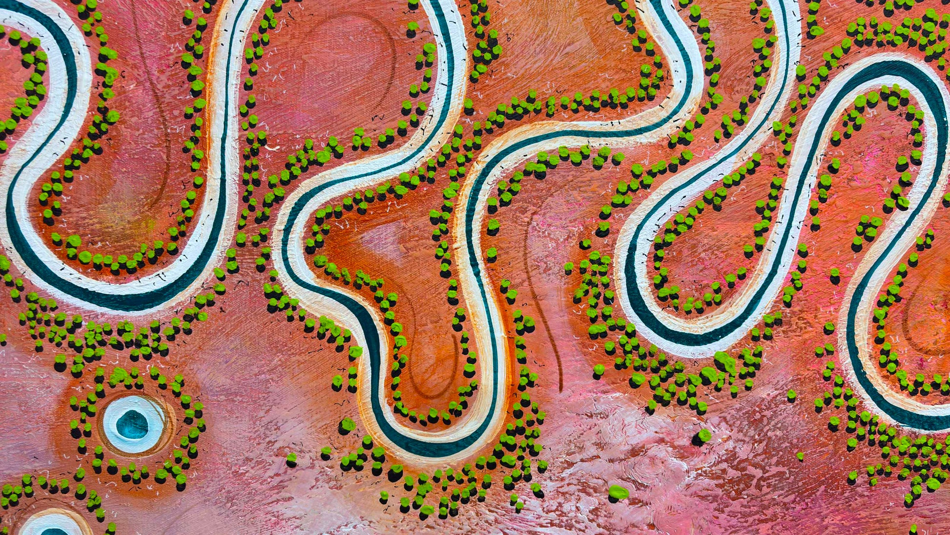 Close up of layers, detail and texture on The Earth in Full Song by Australian artist Tania Chanter, 160x70cm, original aerial abstract landscape, acrylic on canvas. 